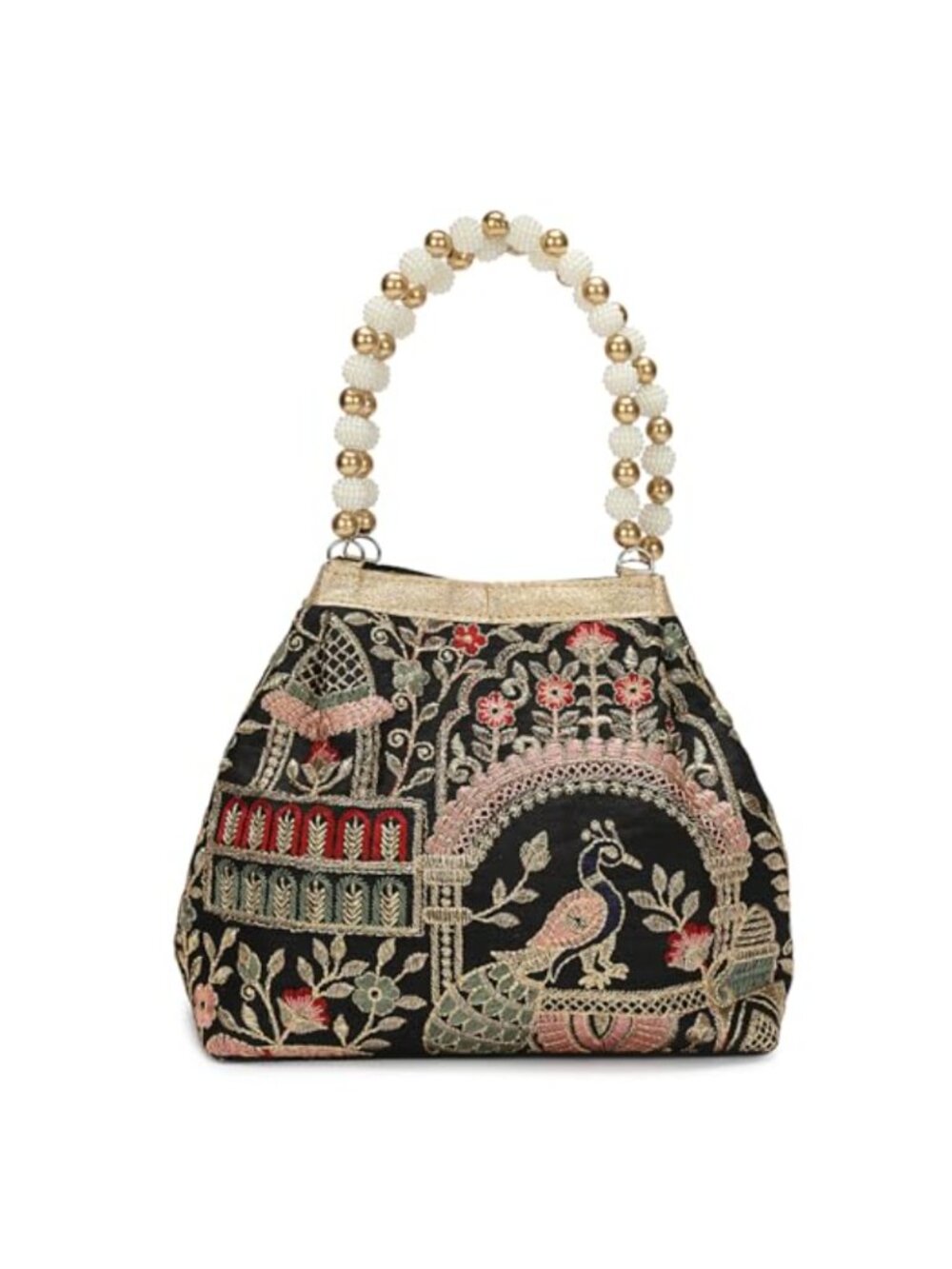 Embroidered Peacock Floral Potli Bag Pearl Beaded Handle Evening Purse